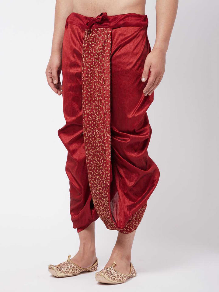 VM BY VASTRAMAY Men's Maroon Silk Blend Embroidered Dhoti