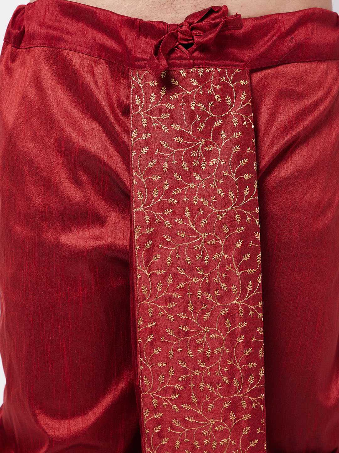 VM BY VASTRAMAY Men's Maroon Silk Blend Embroidered Dhoti