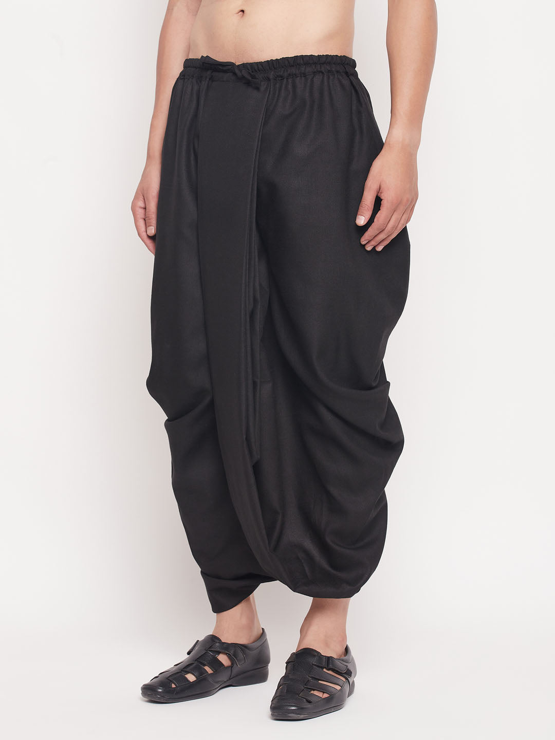 VASTRAMAY Men's Black Silk Blend Solid Pleated Dhoti