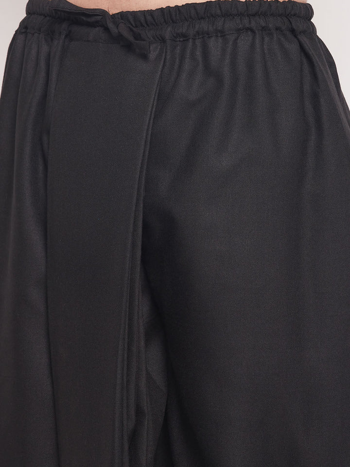 VASTRAMAY Men's Black Silk Blend Solid Pleated Dhoti