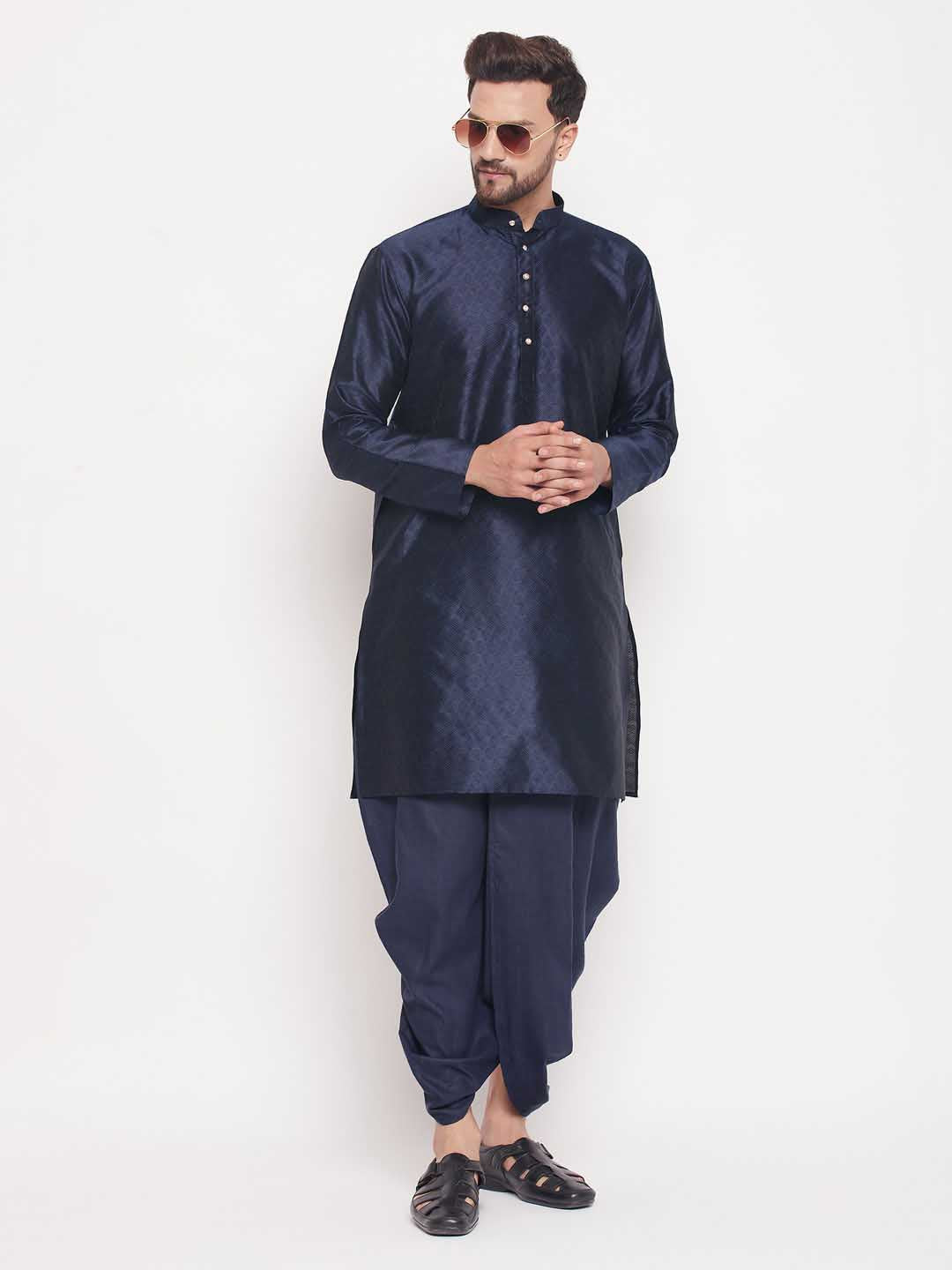 VASTRAMAY Men's Navy Blue Silk Blend Solid Pleated Dhoti