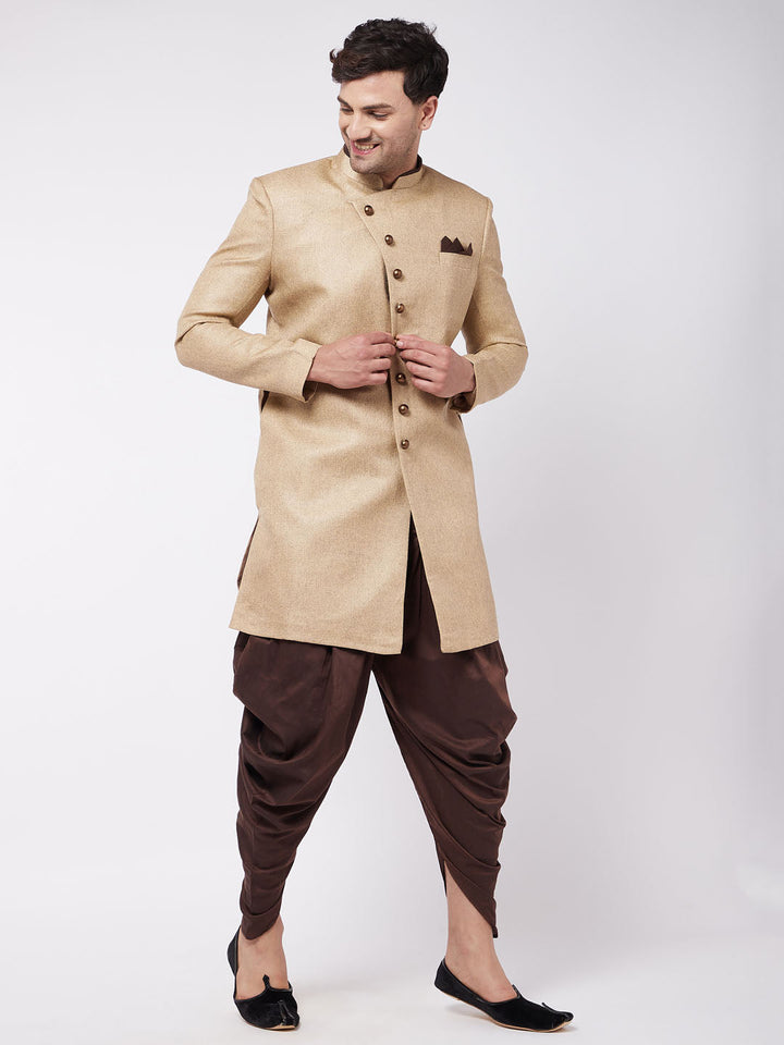 VM BY VASTRAMAY Men's Beige And Coffee Brown Jute Cotton Indo Western Set