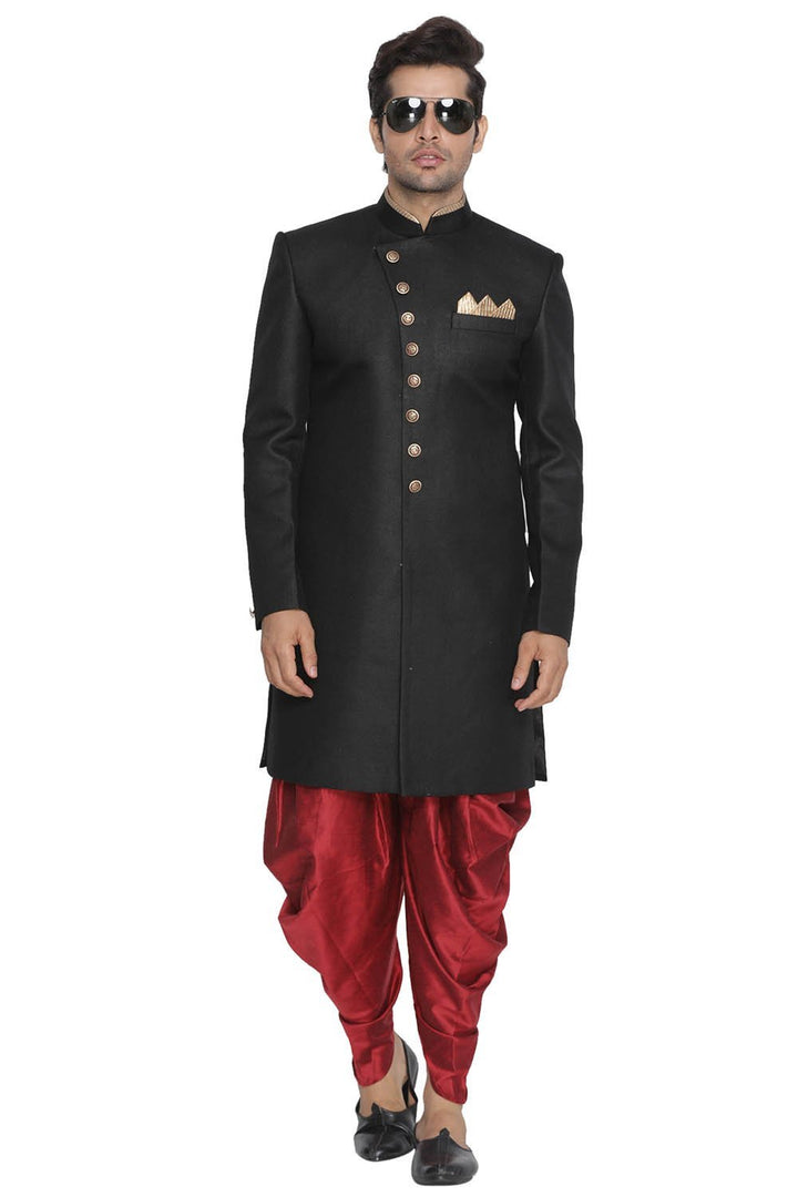 VM By VASTRAMAY Men's Black Jute Cotton Blend Sherwani Set