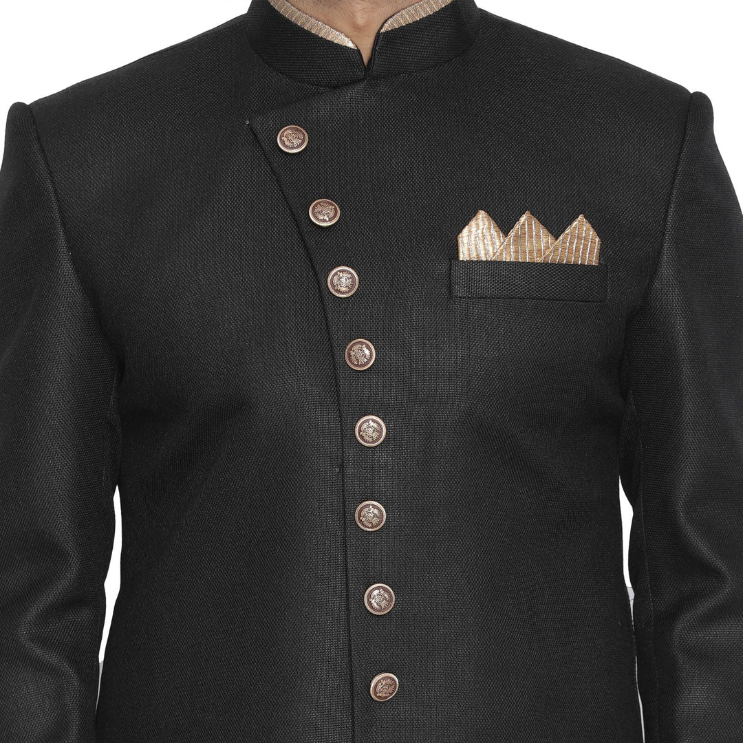 VM By VASTRAMAY Men's Black Jute Cotton Blend Sherwani Set