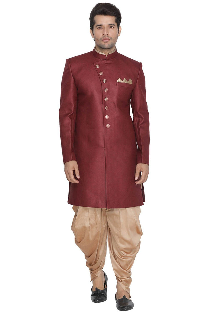 VM By VASTRAMAY Men's Maroon Jute Cotton Blend Sherwani Set