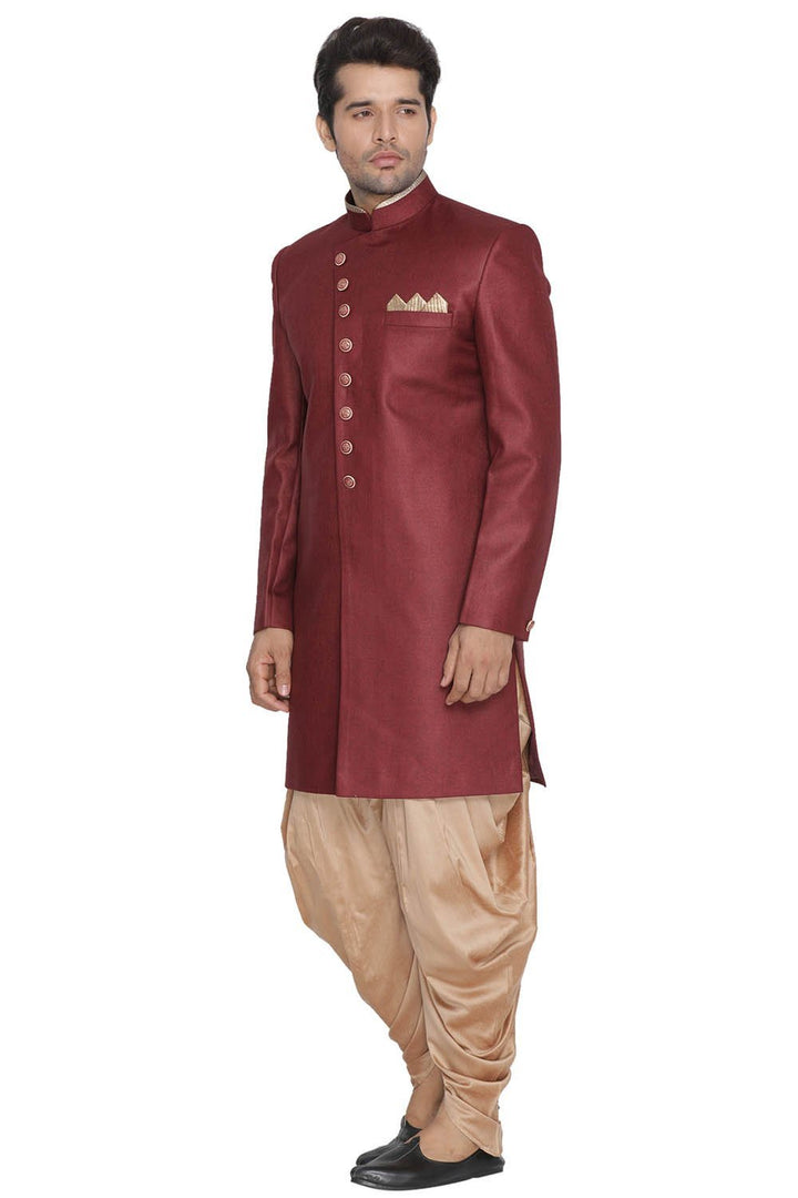 VM By VASTRAMAY Men's Maroon Jute Cotton Blend Sherwani Set