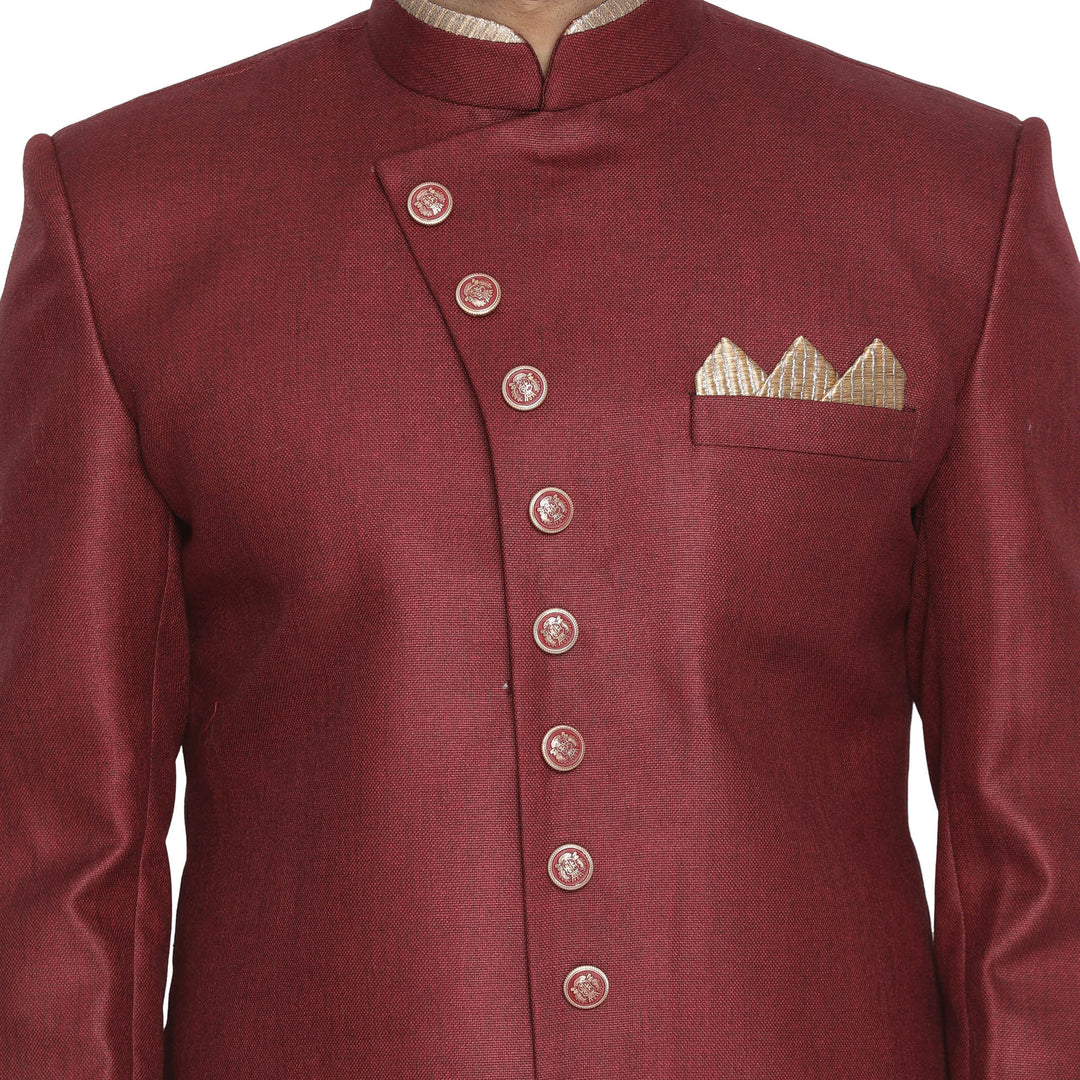 VM By VASTRAMAY Men's Maroon Jute Cotton Blend Sherwani Set