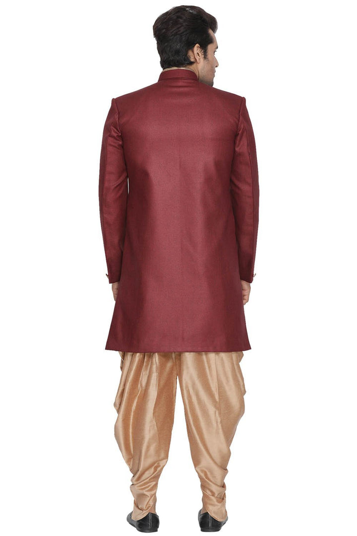 VM By VASTRAMAY Men's Maroon Jute Cotton Blend Sherwani Set