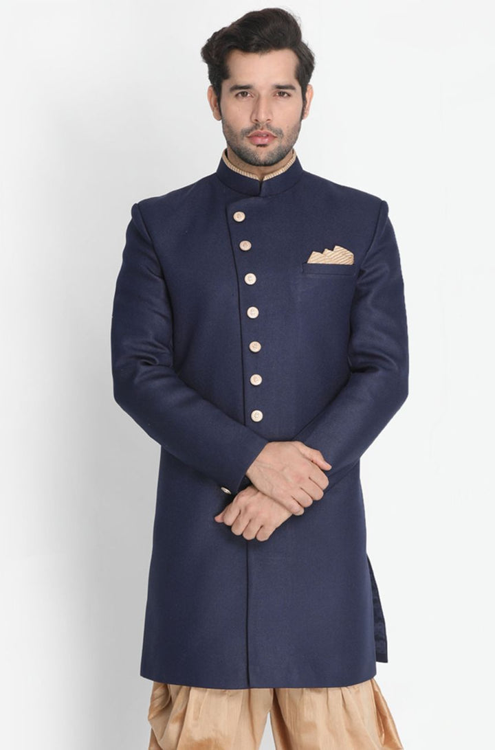 VM By VASTRAMAY Men's Dark Blue Silk Blend Sherwani Only Top