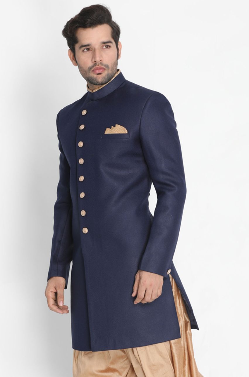 VM By VASTRAMAY Men's Dark Blue Silk Blend Sherwani Only Top