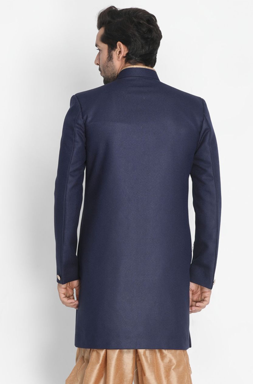 VM By VASTRAMAY Men's Dark Blue Silk Blend Sherwani Only Top