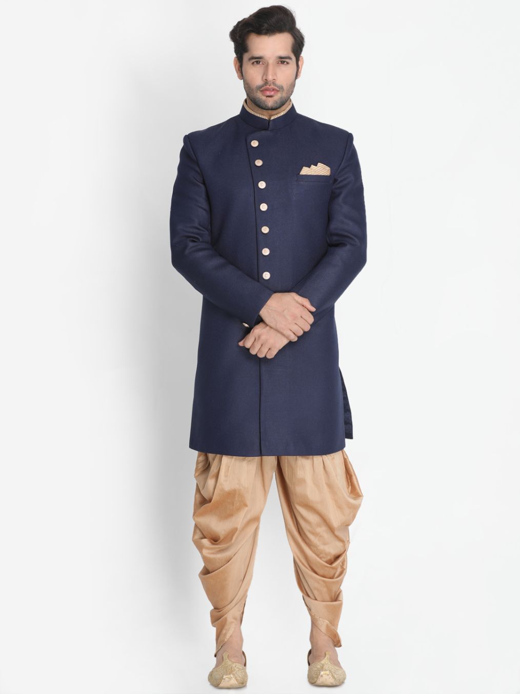 VM By VASTRAMAY Men's Dark Blue Silk Blend Sherwani Only Top