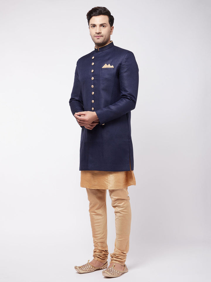 VM By VASTRAMAY Men's Navy Blue Angrakha Style Indo Western Over Rose Gold Kurta Pyjama Set