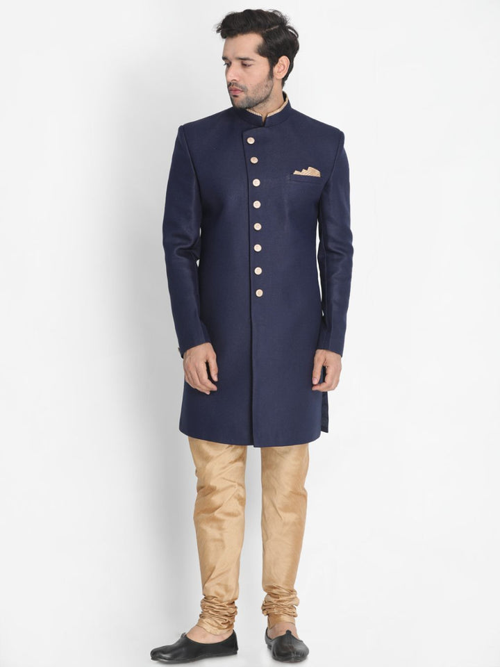 VM By VASTRAMAY Men's Dark Blue Silk Blend Sherwani