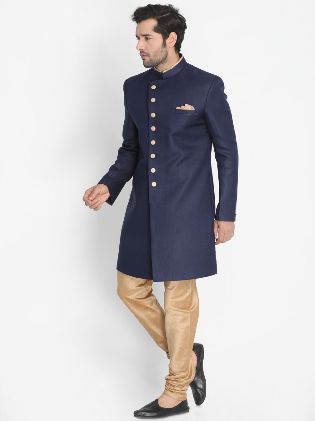 VM By VASTRAMAY Men's Dark Blue Silk Blend Sherwani