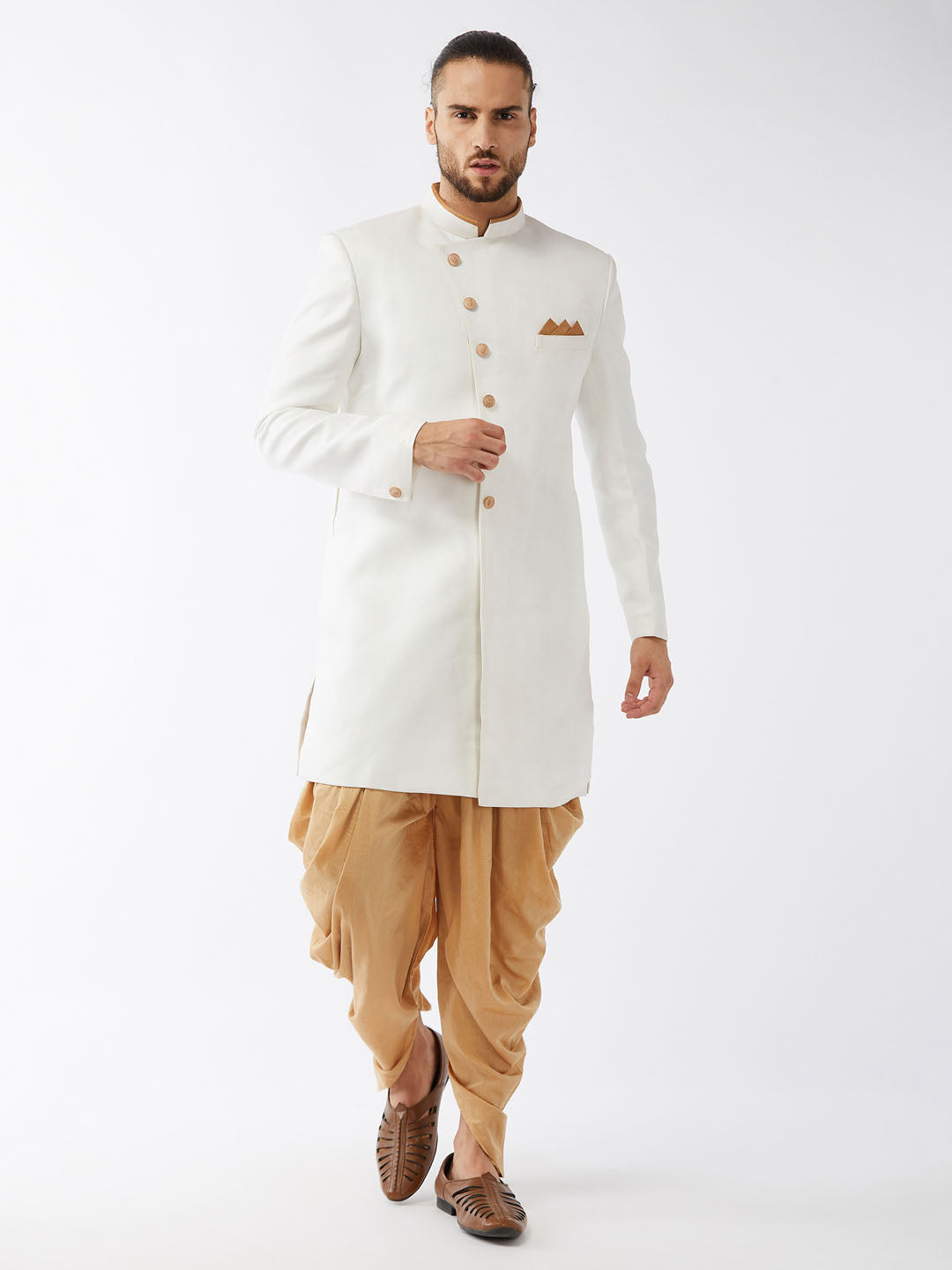 VM By VASTRAMAY Men's White Silk Blend Sherwani Set