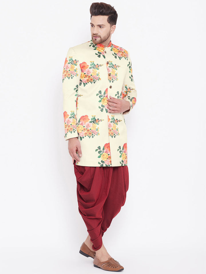 VASTRAMAY Men's Floral Printed Multicolor-Base-Cream And Maroon Silk Blend Sherwani Set