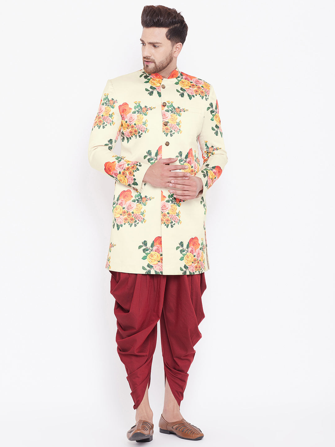 VASTRAMAY Men's Floral Printed Multicolor-Base-Cream And Maroon Silk Blend Sherwani Set