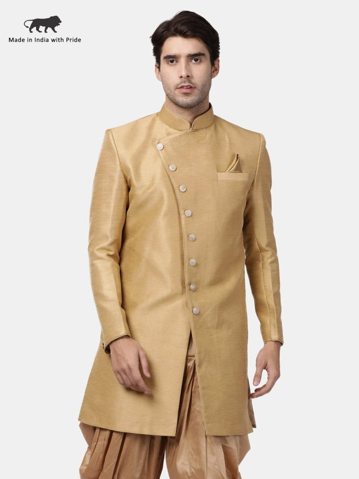 VM By VASTRAMAY Men's Beige Silk Blend Sherwani Only Top