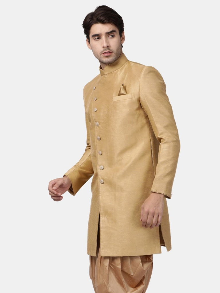 VM By VASTRAMAY Men's Beige Silk Blend Sherwani Only Top