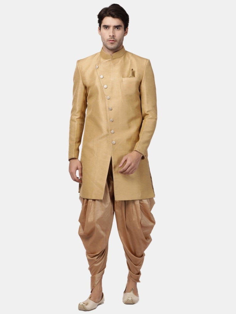 VM By VASTRAMAY Men's Beige Silk Blend Sherwani Only Top