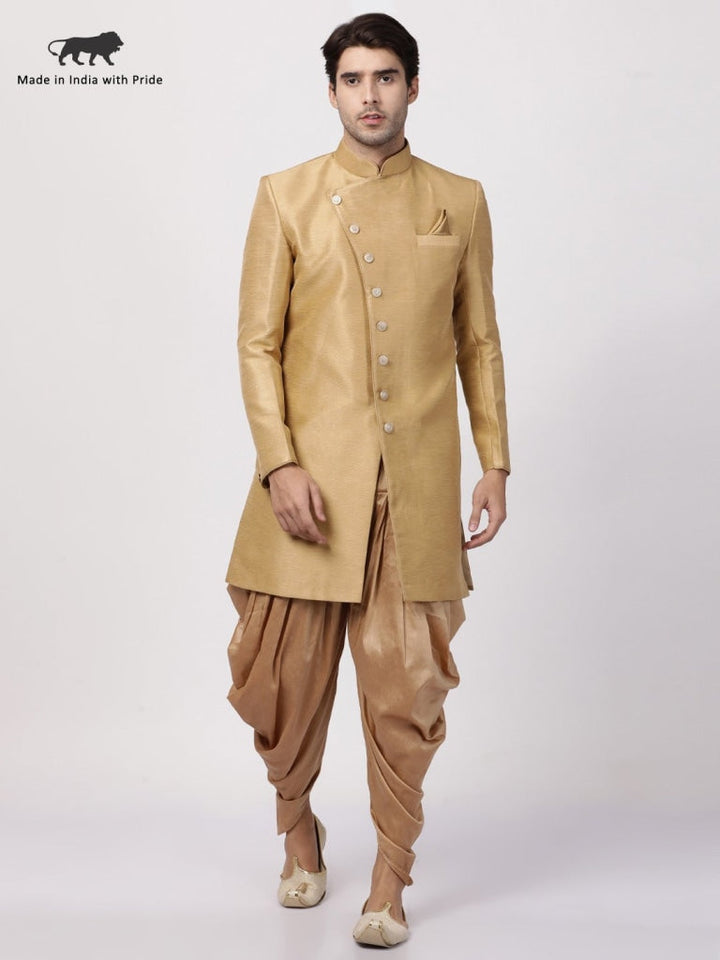 VM By VASTRAMAY Men's Beige Silk Blend Sherwani Set