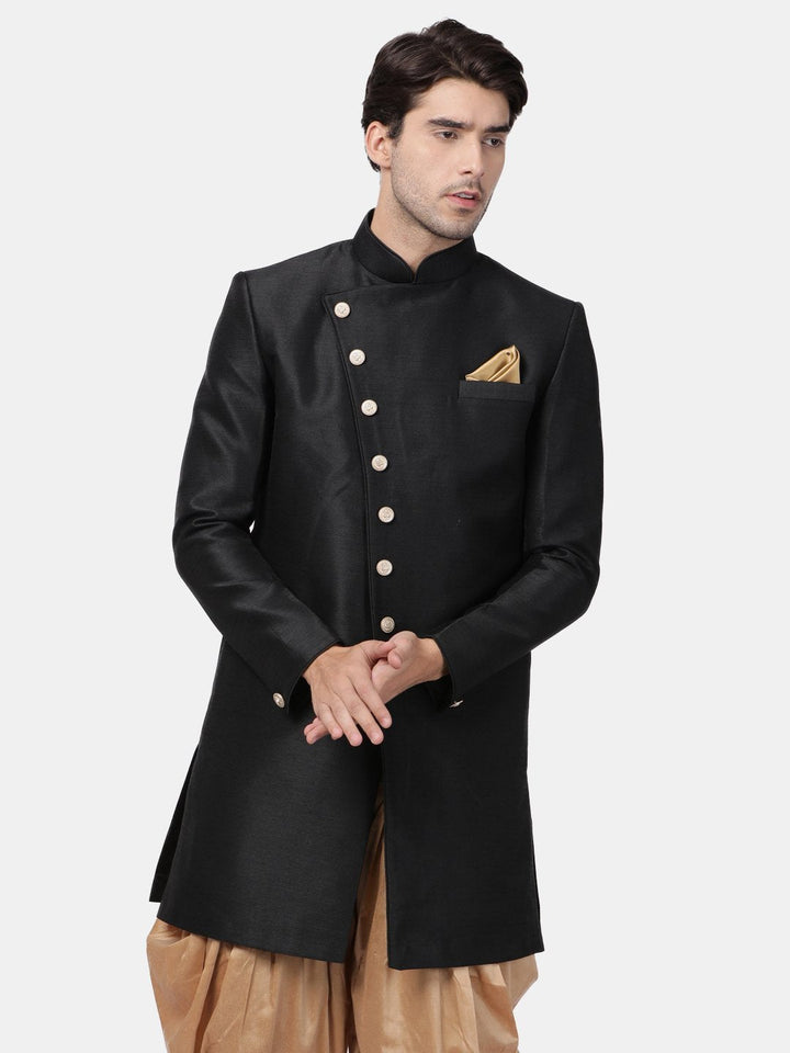 VM By VASTRAMAY Men's Black Silk Blend Sherwani Only Top