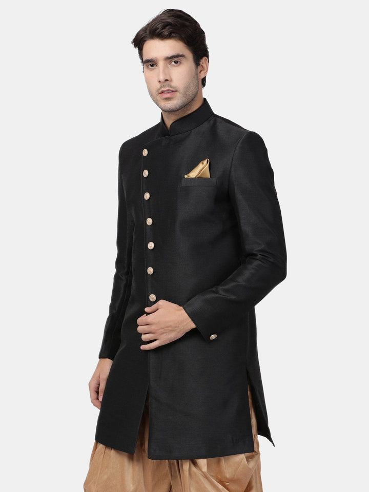 VM By VASTRAMAY Men's Black Silk Blend Sherwani Only Top