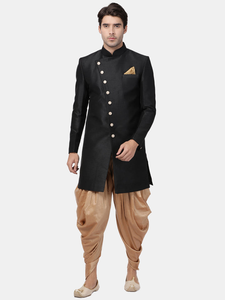 VM By VASTRAMAY Men's Black Silk Blend Sherwani Only Top