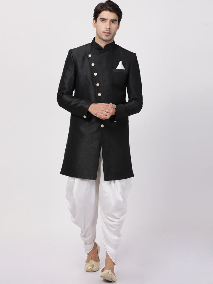 VM By VASTRAMAY Men's Black Silk Blend Sherwani Set