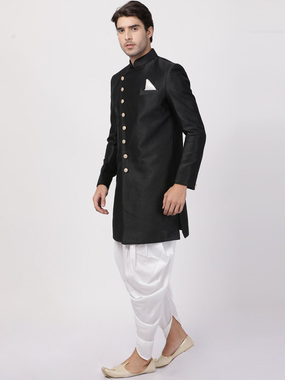 VM By VASTRAMAY Men's Black Silk Blend Sherwani Set