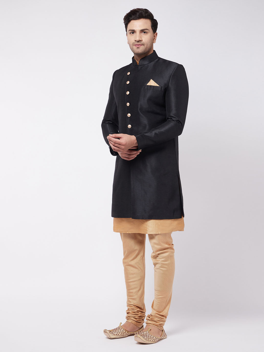 VM BY VASTRAMAY Men's Black Angrakha Style Indo Western Over Rose Gold Kurta Pyjama Set