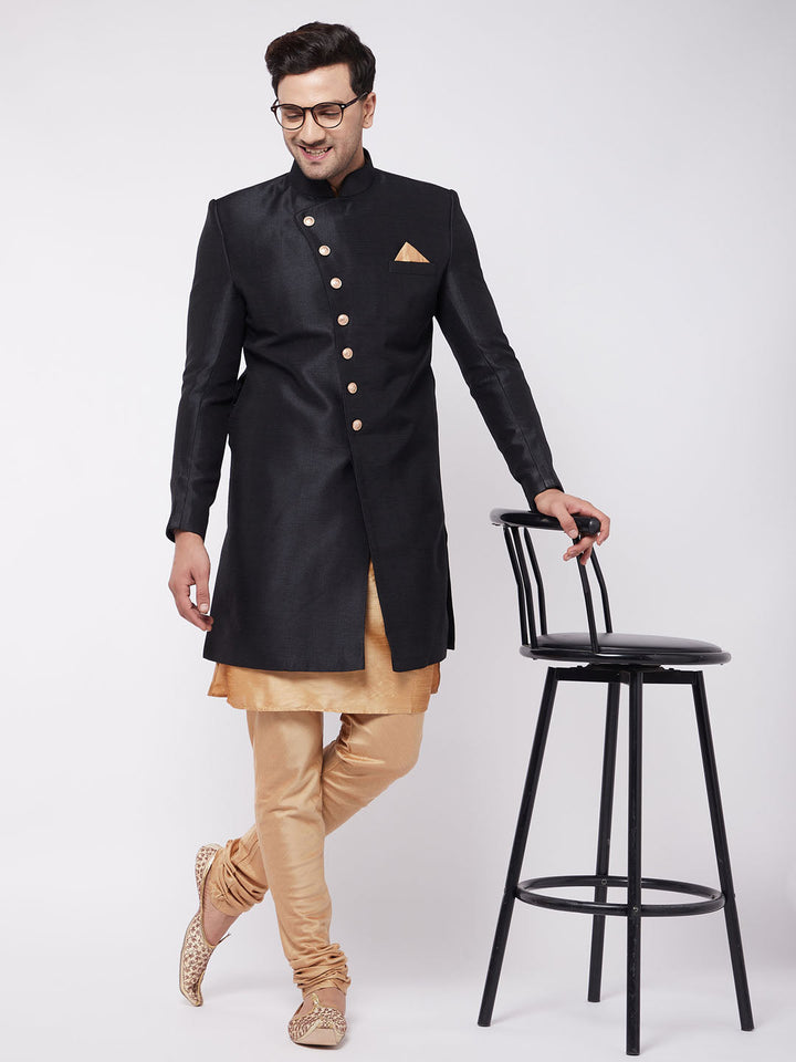 VM BY VASTRAMAY Men's Black Angrakha Style Indo Western Over Rose Gold Kurta Pyjama Set