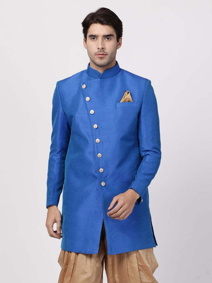 VM By VASTRAMAY Men's Blue Silk Blend Sherwani Only Top