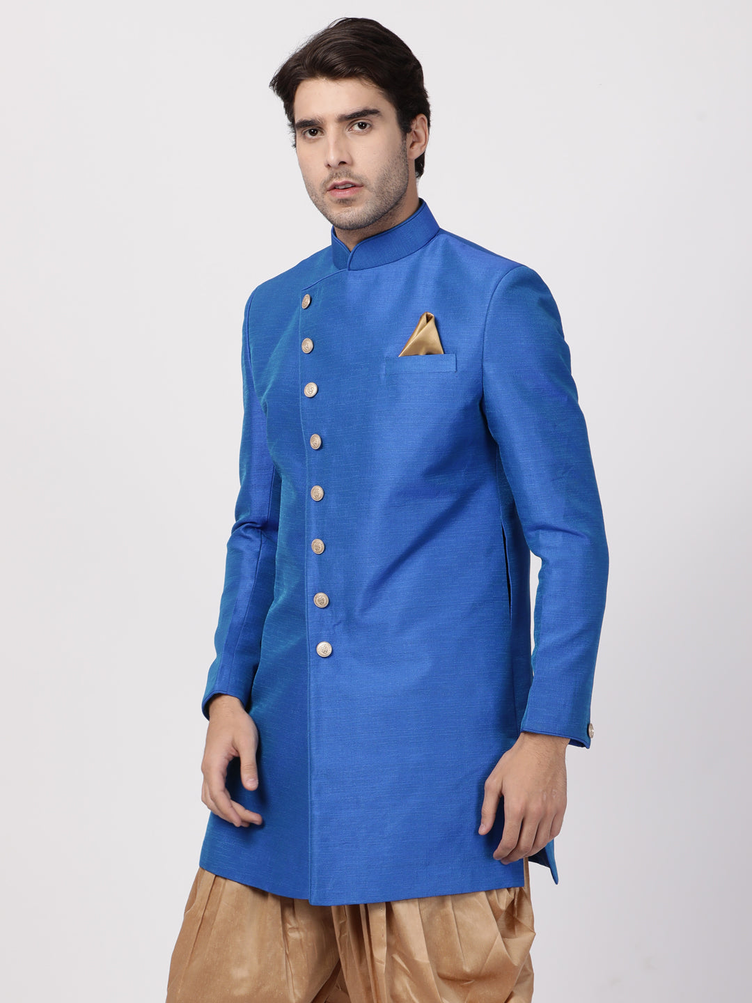 VM By VASTRAMAY Men's Blue Silk Blend Sherwani Only Top