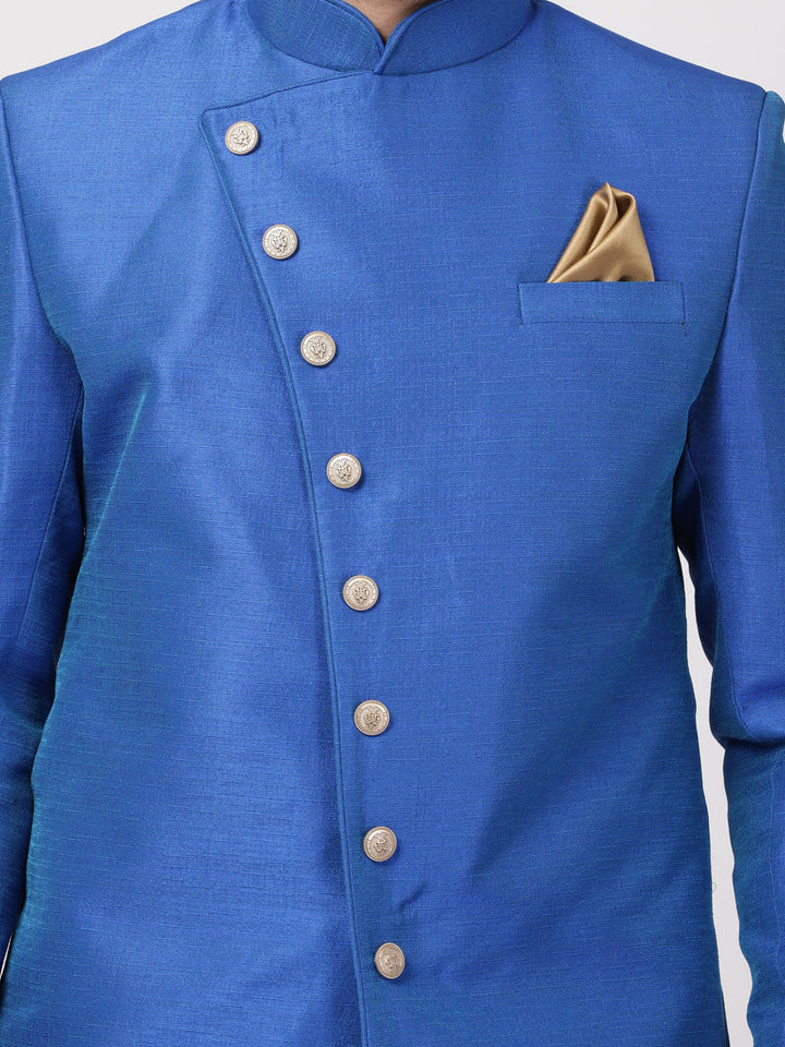 VM By VASTRAMAY Men's Blue Silk Blend Sherwani Only Top