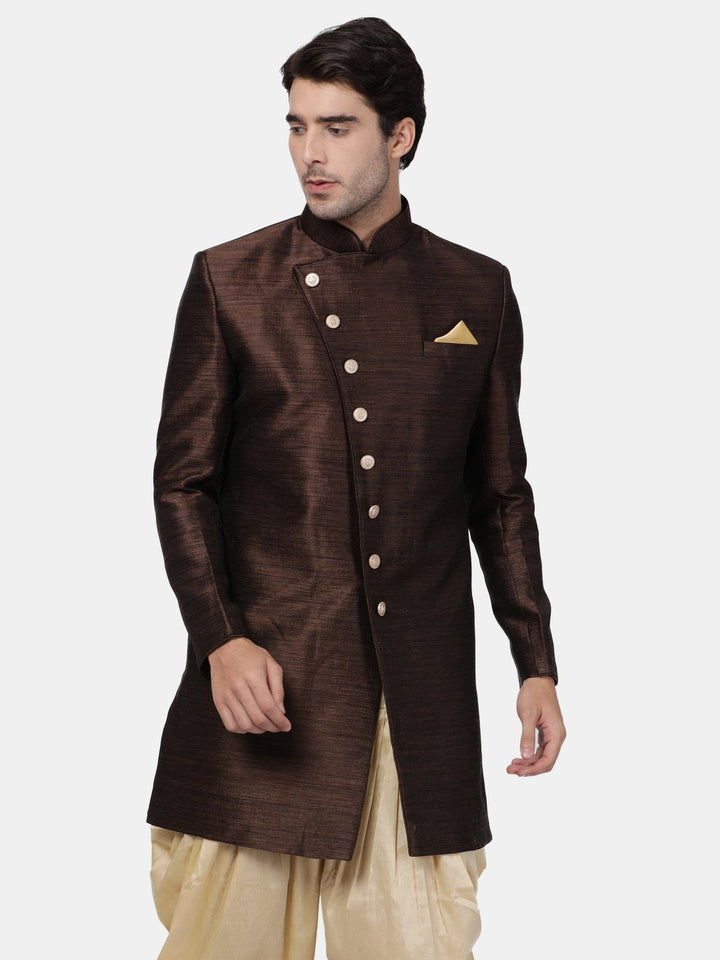 VM By VASTRAMAY Men's Brown Silk Blend Sherwani Only Top