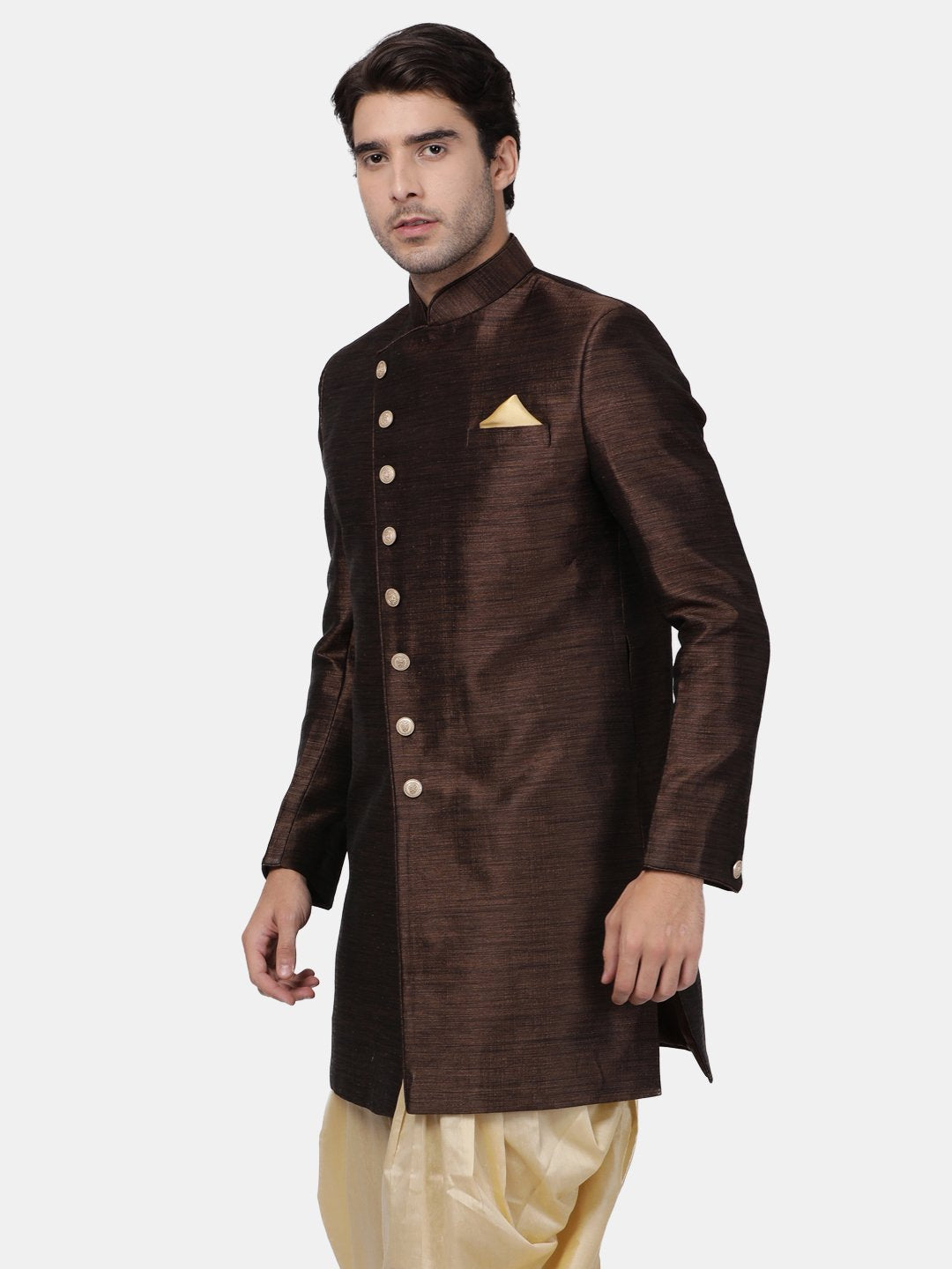 VM By VASTRAMAY Men's Brown Silk Blend Sherwani Only Top