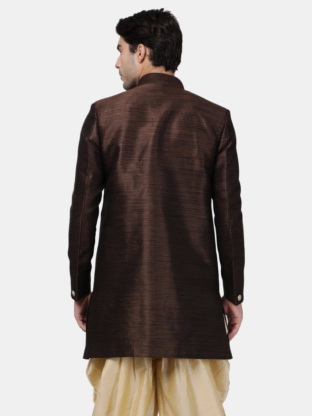 VM By VASTRAMAY Men's Brown Silk Blend Sherwani Only Top