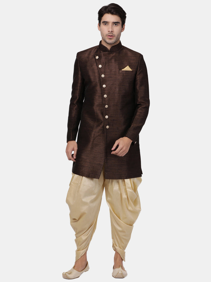 VM By VASTRAMAY Men's Brown Silk Blend Sherwani Only Top