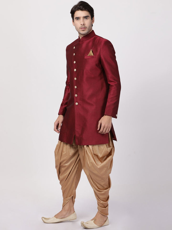 VM By VASTRAMAY Men's Maroon Silk Blend Sherwani Set