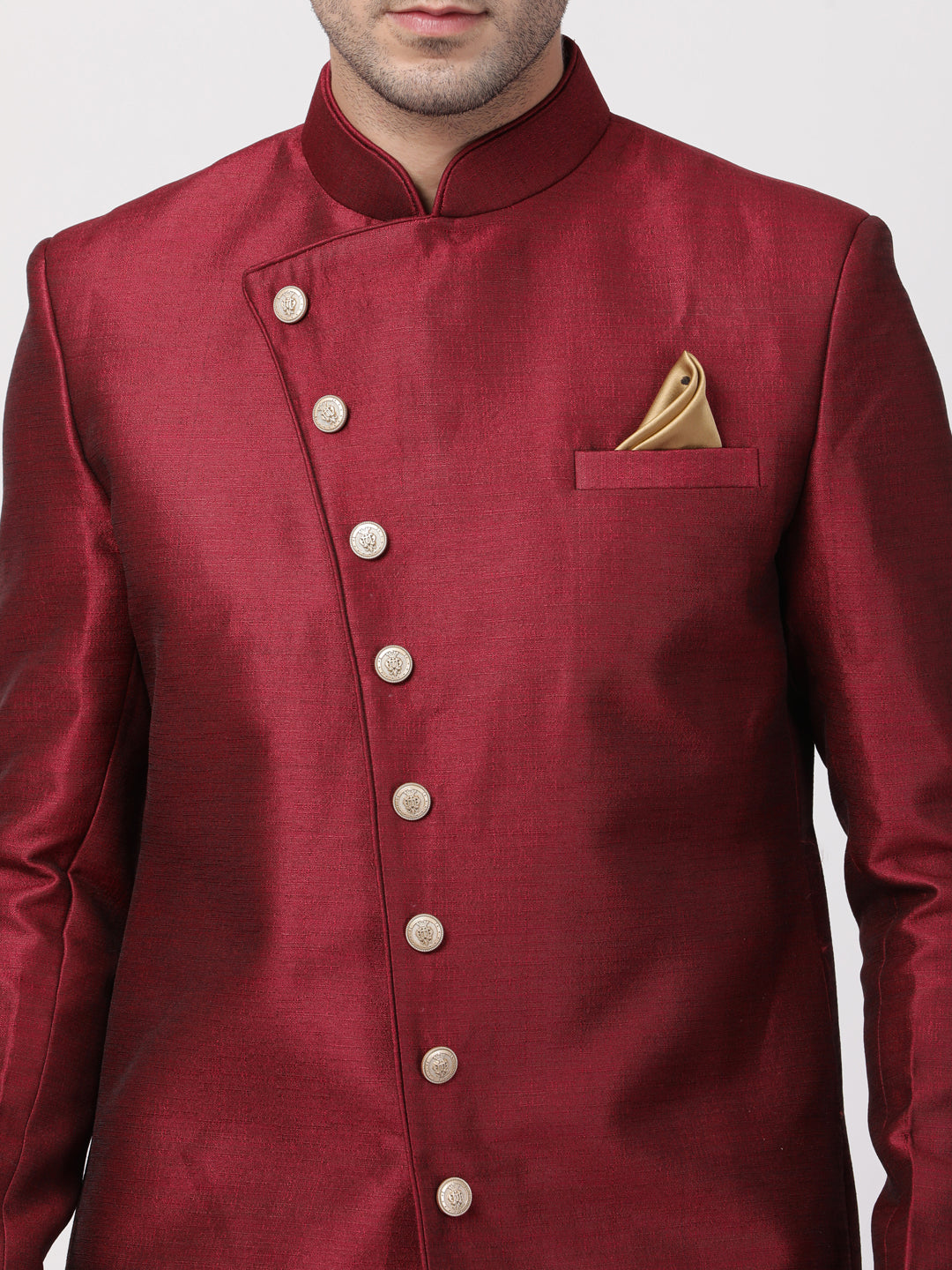 VM By VASTRAMAY Men's Maroon Silk Blend Sherwani Set