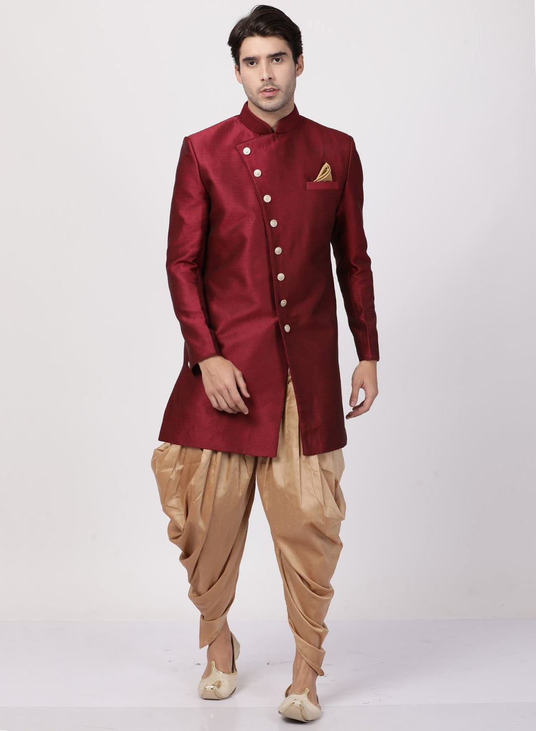 VM By VASTRAMAY Men's Maroon Silk Blend Sherwani Set