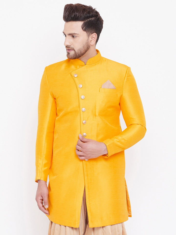 VM By VASTRAMAY Men's Mustard Silk Blend Sherwani Only Top