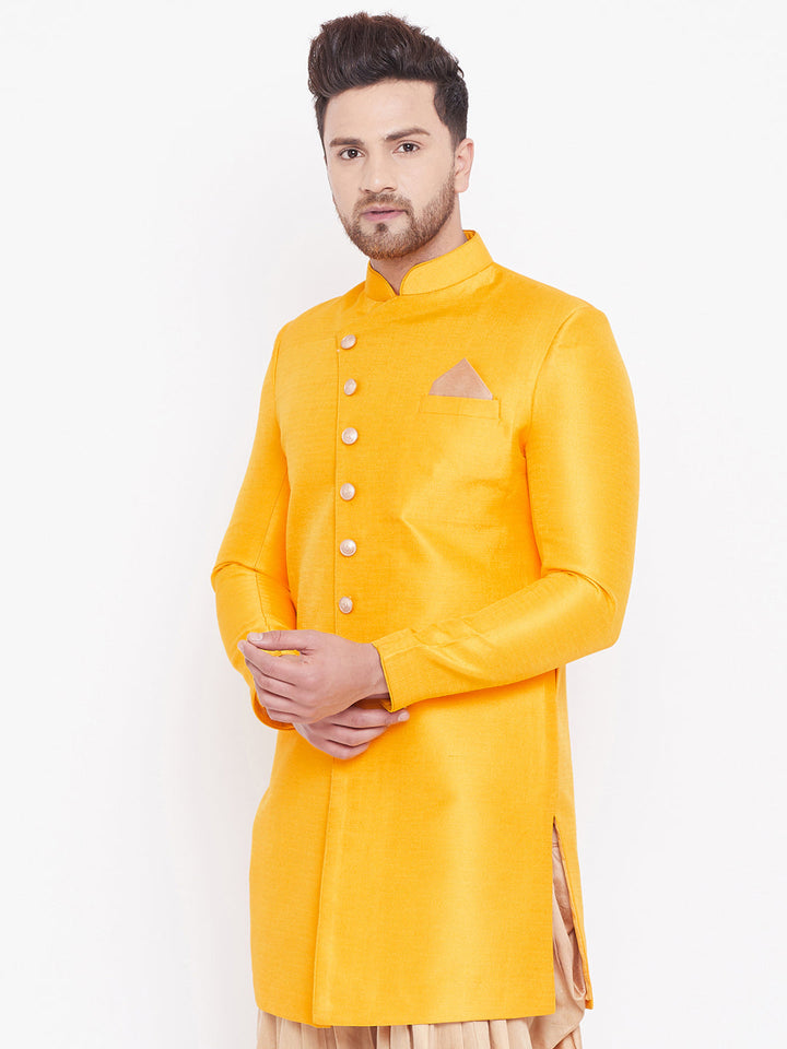 VM By VASTRAMAY Men's Mustard Silk Blend Sherwani Only Top