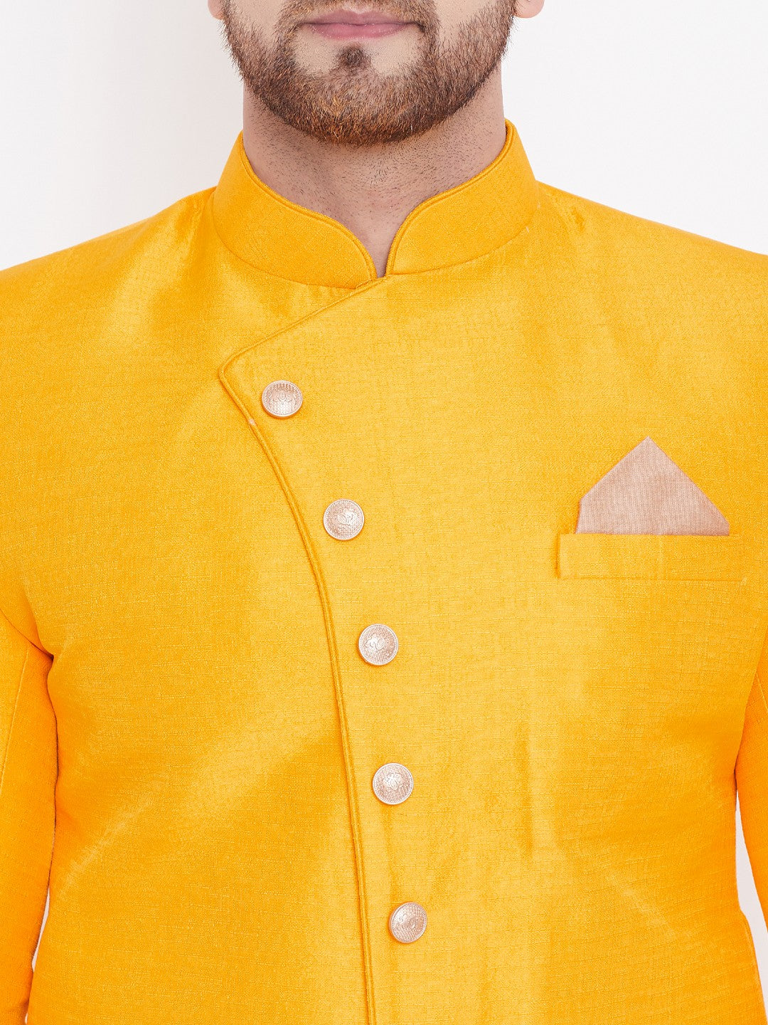 VM By VASTRAMAY Men's Mustard Silk Blend Sherwani Only Top