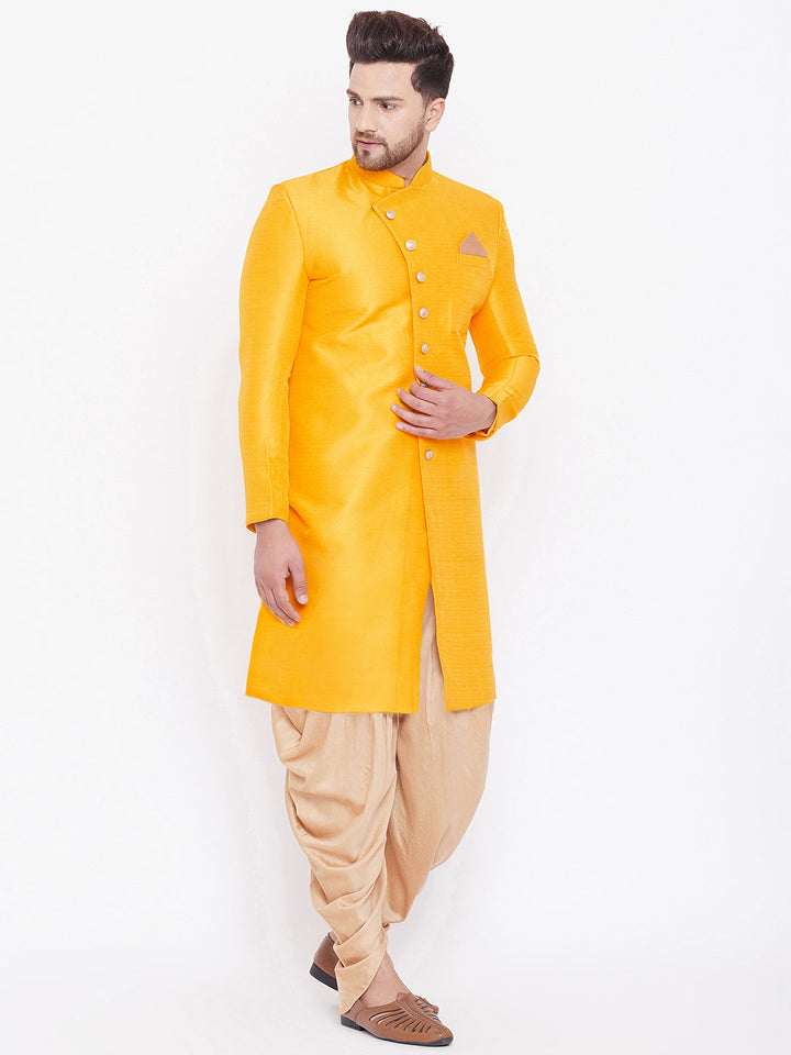 VM By VASTRAMAY Men's Mustard Silk Blend Sherwani Only Top