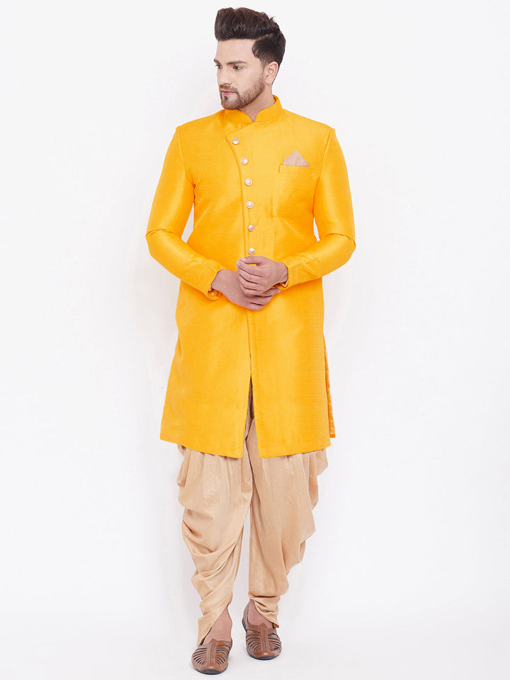 VM By VASTRAMAY Men's Mustard And Rose Gold Silk Blend Sherwani Set