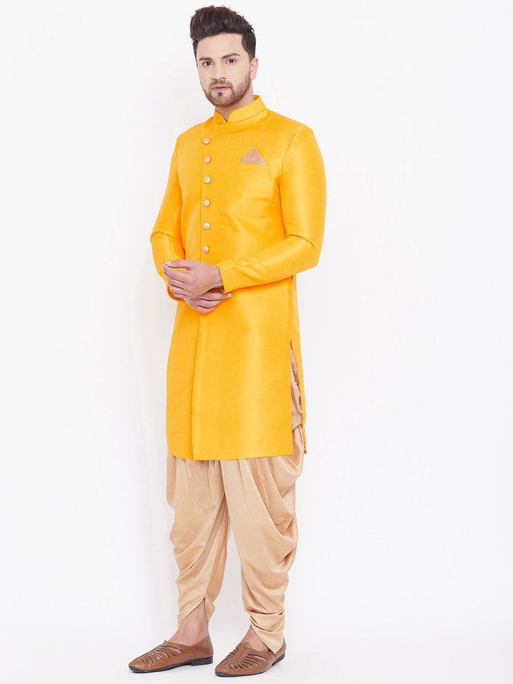 VM By VASTRAMAY Men's Mustard And Rose Gold Silk Blend Sherwani Set