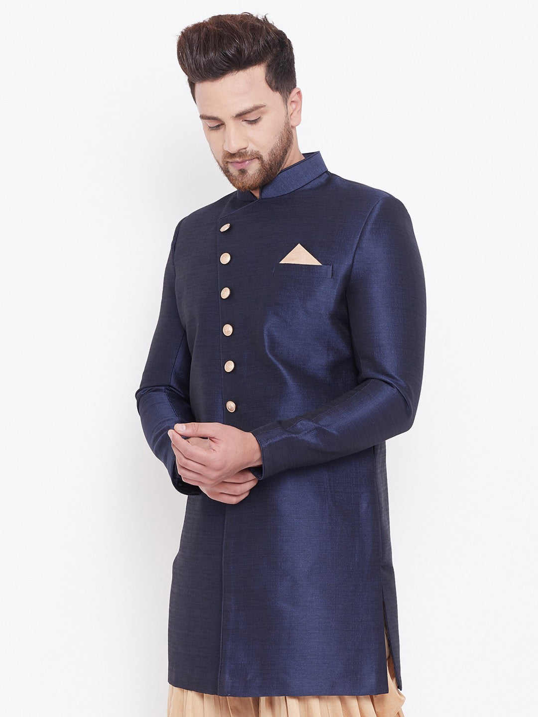 VM BY VASTRAMAY Men's Navy Blue Silk Blend Sherwani Only Top